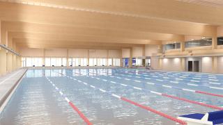 Elmon uimahallin allas havainnekuvassa. Siren Arkkitehdit.