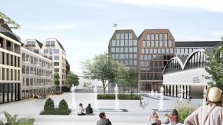 Havainnekuva Huberilan alueesta. Kuvassa aukio ja kerrostaloja. 