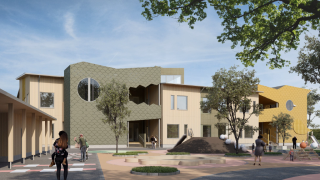 Havainnekuva Jokiuoman päiväkodista lasten leikkipaikan suunnasta.