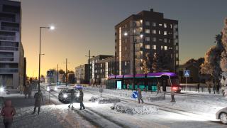 Havainnekuva ratikasta Koivuhaan pysäkillä Tikkurilantiellä