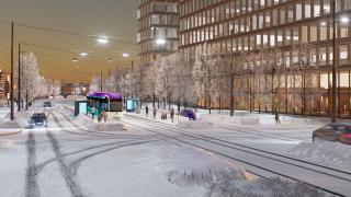 Havainnekuva ratikasta Tietotien pysäkillä Aviapoliksessa.