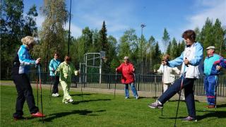 Sauvakävelijät jumppaavat puistossa.