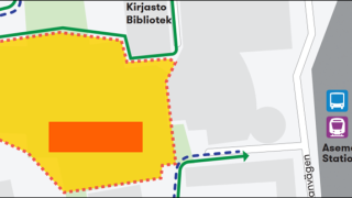 Kartalla on merkittynä työmaa-alue ja louhinta-alue sen sisällä.