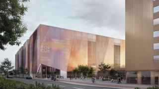 Kivistön tapahtuma-areenan havainnekuva. Näkymä aseman suunnasta. Kuva: One Architects Oy / Arena 3.3. Oy