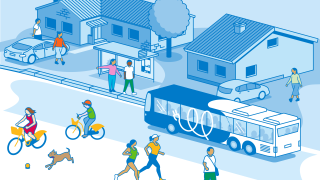 Piirretty kuva, jossa ihmiset liikkuvat eri välineillä.