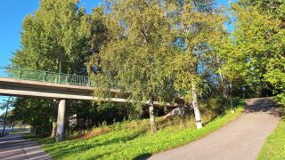 Raappavuorentien ylittävä ylikulkusilta ja sillan eteläpuolelta poistuva ulkoilureitti.