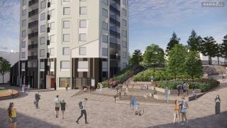 Havainnekuva Paalukylänpuiston oleskeluportaikosta kunnostuksen jälkeen.