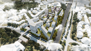 Osaamiskampuksen havainnekuva. Kampusalue kuvattu ilmasta.