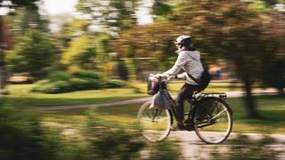 Pyöräilijä polkee puistoalueen läpi vauhdikkaasti.