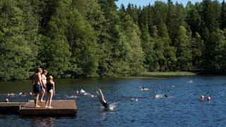 People are on the pier and swimming.
