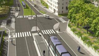 Havainnekuva ratikasta Heporinteessä. Ratikka lähdössä Hepokujan pysäkiltä.