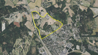 Ilmakuva Rauhalanlaakson alueesta, jossa rajattuna kaavarungon alue