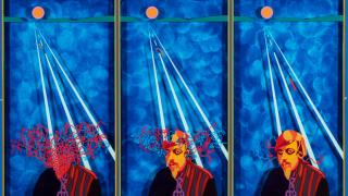 Risto Vilhusen Omakuva, 1973, maalaus akryylilevylle ja puulle.