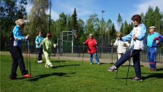 Seniorien ryhmä harrastaa liikuntaa puistossa.