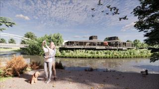 Havainnekuva Tikkurilan jokivarren saunaravintolasta.