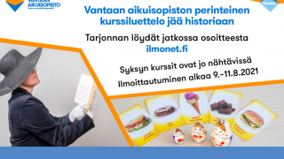 Vantaan aikuisopiston avaa ilmoittautumista syyskurseille, mainoksessa henkilöllä on kirja käsissä.