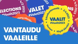 Kuvassa erivärisiä graafisia vaalisinettejä ja alhaalla vasemmalla sinisellä pohjalla valkoinen teksti Vantaudu vaaleille