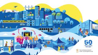 Piirroskuvassa erilaisia Vantaan tunnuspiirteitä.