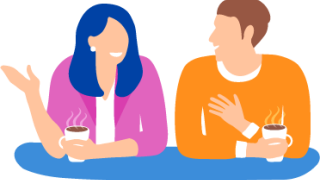 Piirroskuvassa kaksi keskustelijaa kahvilla.