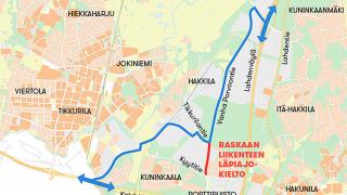 läpiajokielto ja vaihtoehtoinen reitti kartalla.