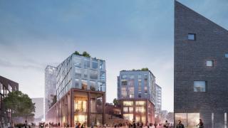 Luonnos Tikkurin korttelista jossa on modernit valosat ja lasiset talot.