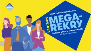 Vantaan Megarekry 23.10.2025. Kuvassa piirroshahmoja ja teksti löydä paikkasi työelämästä.