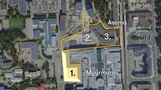 Myyrmäen kaupunkikulttuurihankkeen vaiheet Myyrmäen keskustassa.