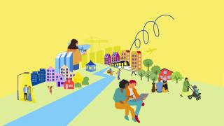 Strategian kuvituskuva, jossa on keltainen tausta, piirroshahmoja ja kaupunkimaisema.