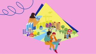 Värikäs strategian piirroskuva, jossa on ihmisiä ja kaupunkimaisema.