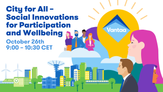  Colorful advertisement of the City for All webinar.