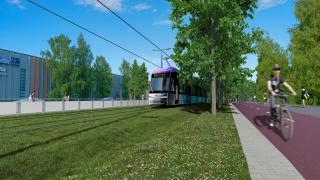 Havainnekuvassa on raitiovaunu ja pyöräilijä katumaisemassa.
