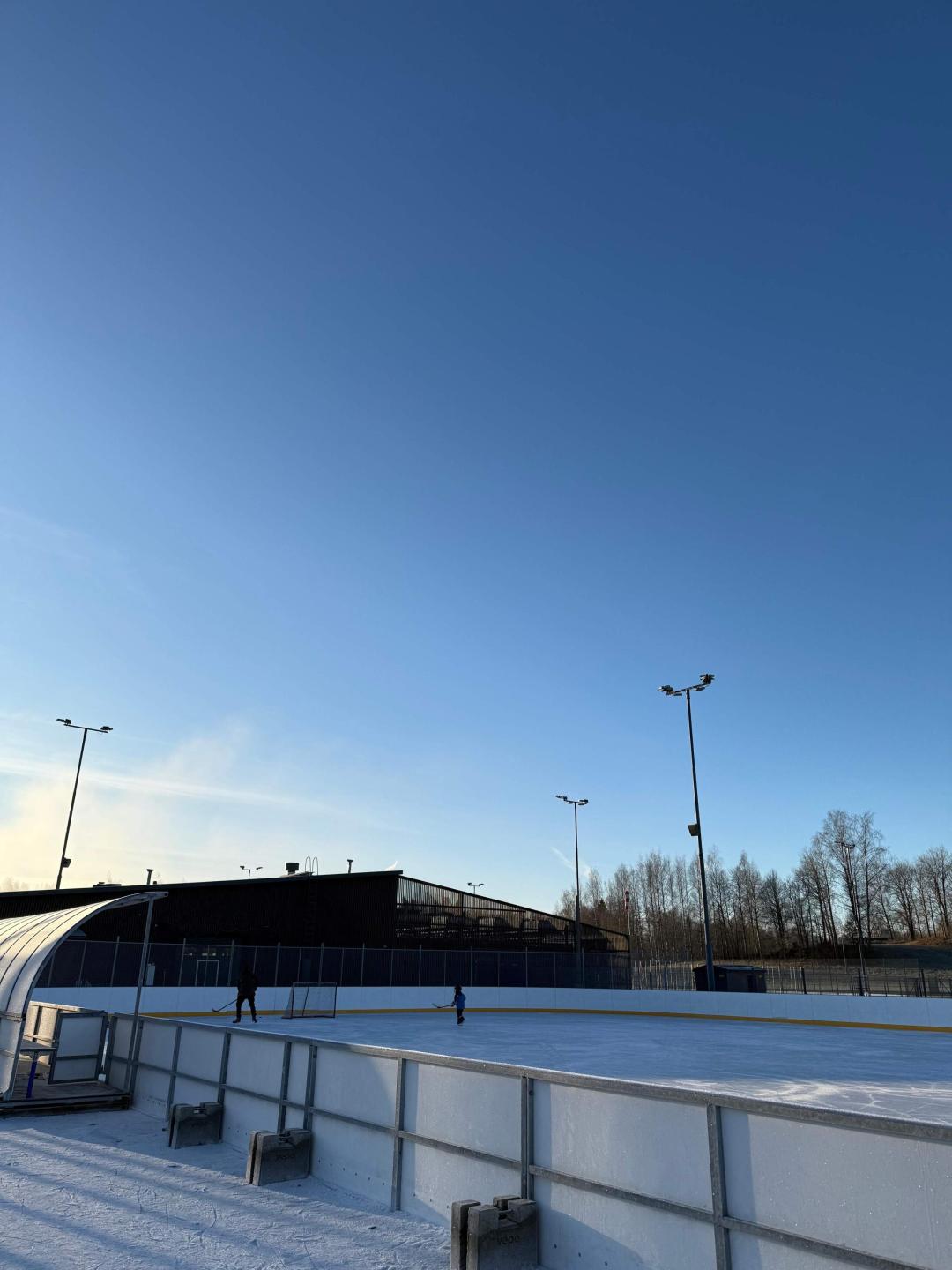 Hakunilan urheilupuiston tekojääkentän kaukalolla luistelijoita. 