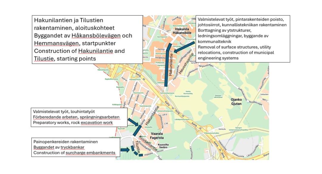 Värillinen karttapohja jossa esitetty sinisillä palkeilla rakentamisen aloituskohteiden sijainnit Hakunilantiellä ja Tilustiellä.