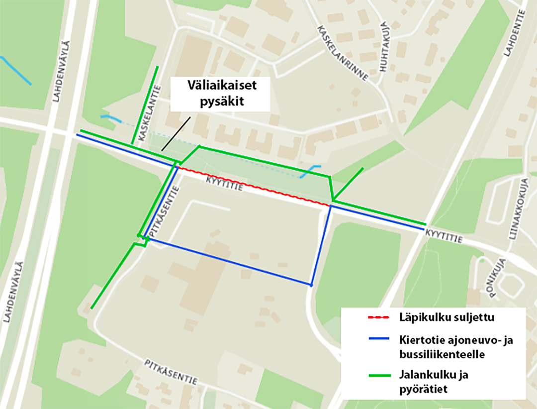 Kuvassa Vantaan ratikan työmaasta johtuvat väliaikaiset reittimuutokset graafina.