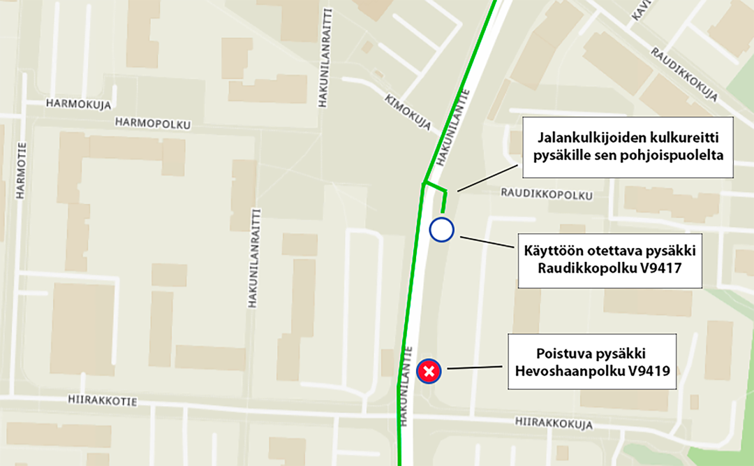Kartta, johon on hahmoteltu Hakunilantien linja-autopysäkkimuutosten likimääräiset sijainnit ja kulku pysäkille.