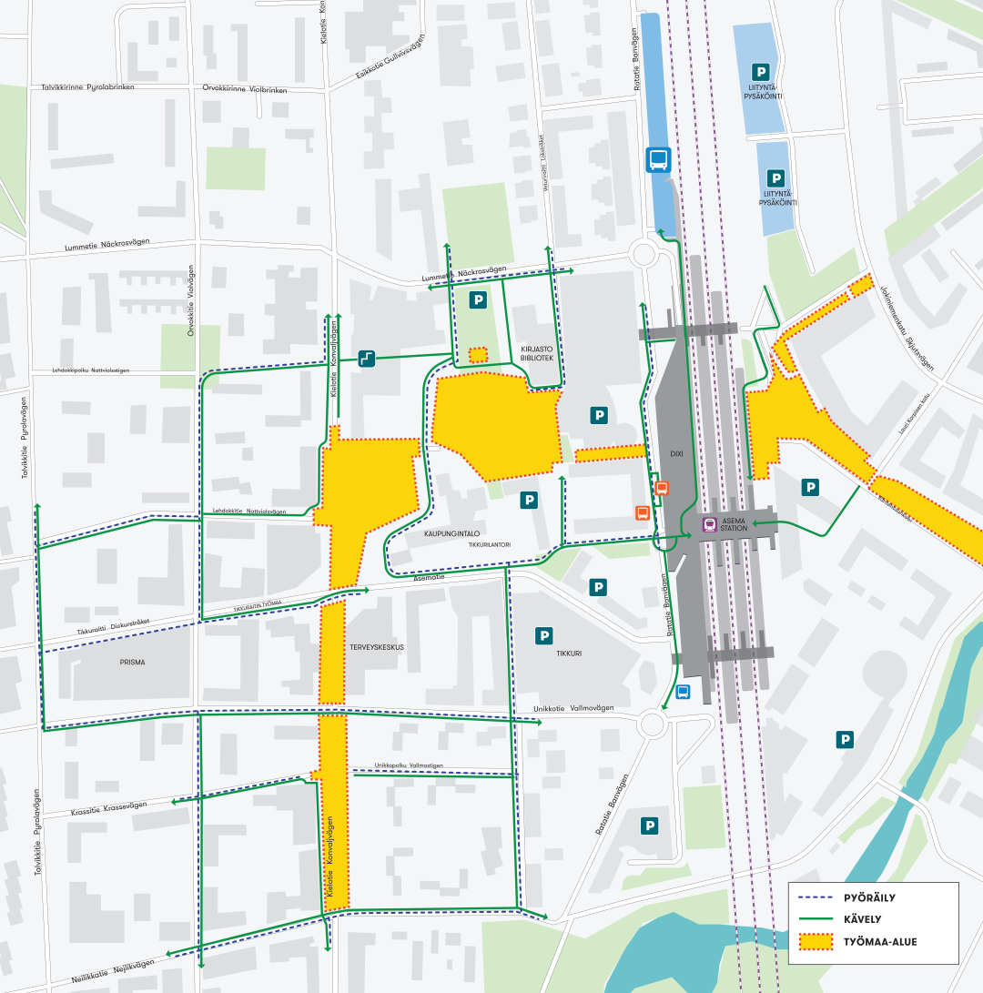 Kartassa on kuvattuna Tikkurilan alueen työmaat ja kevyen liikenteen kulkureitit niiden yhteydessä.