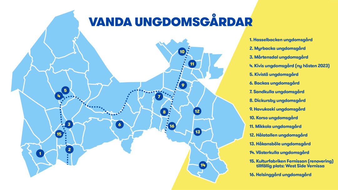 Karta över Vandas ungdomsgårdar.