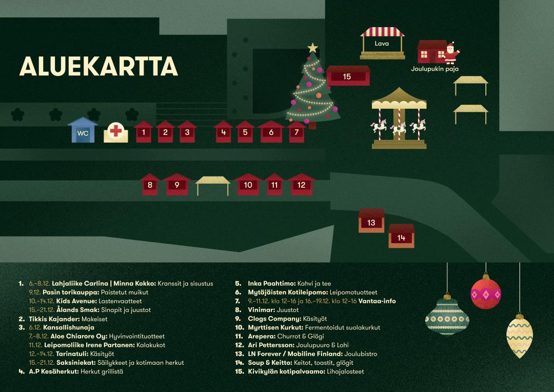 Joulutorin aluekartta. Kaupungintalon edustalla ja Asematien varrella on myyntikojuja. Tikkurilan torilla on karuselli, esiintymislava ja joulukuusi.
