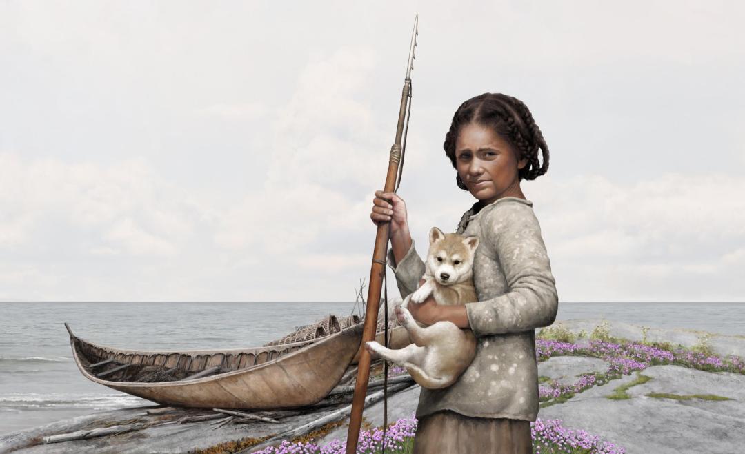 Tyttö pitää kädessään luuteräistä harppuunaa. Sylissä on pystykorvainen koiranpentu. Taustalla on puusta ja nahasta tehty vene ja merimaisema.