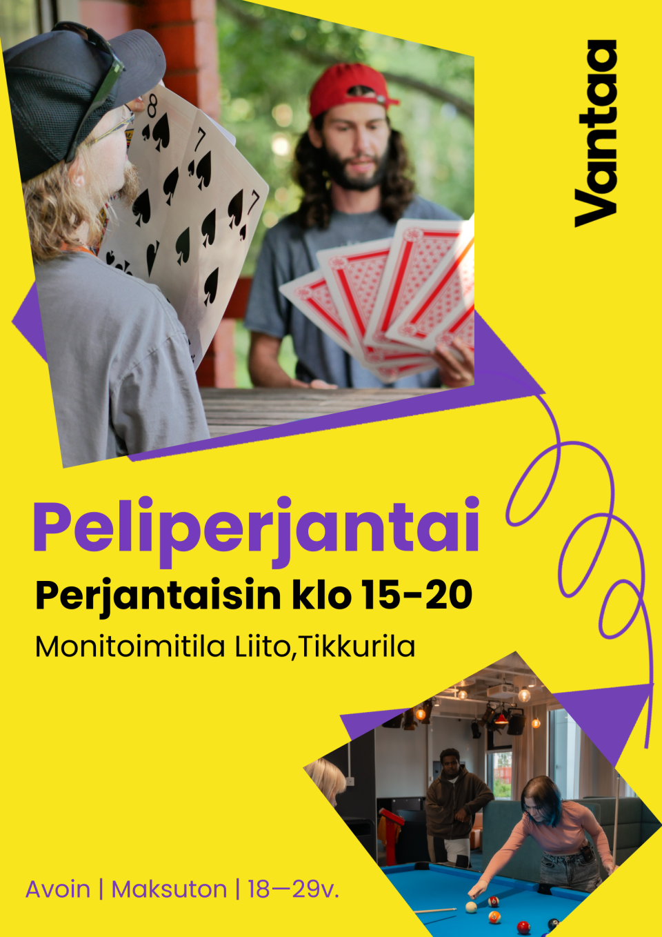 Nuoria aikuisia pelaamassa korttia ja biljardia