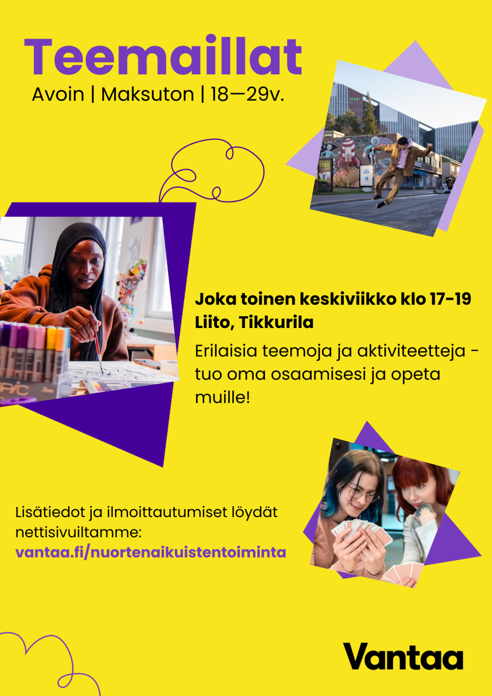 muutama kuva nuorista aikuisista eri harrastusten parissa.