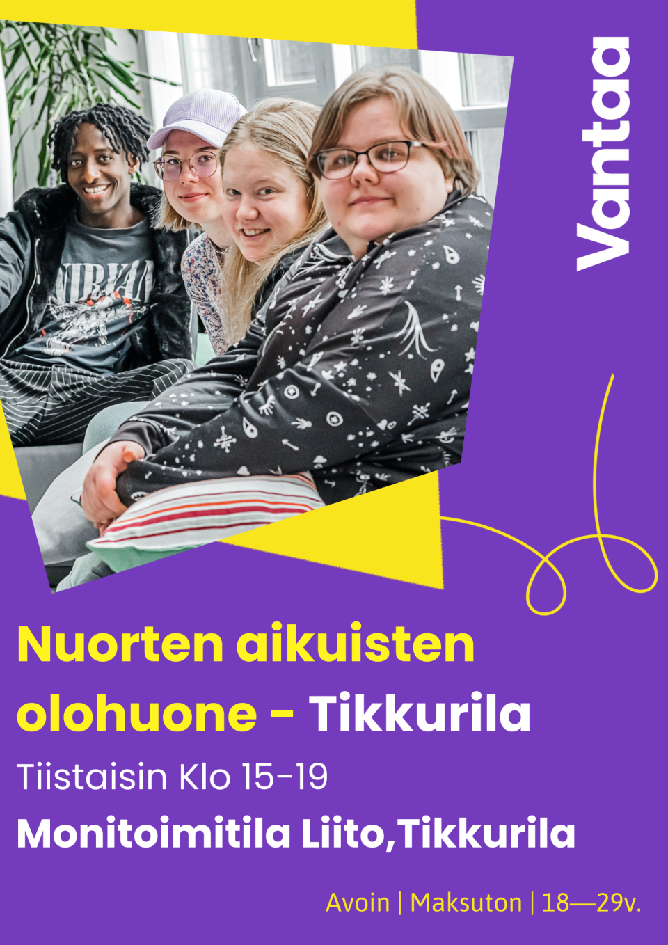 julisteessa neljä nuorta aikuista hymyilee kameralle