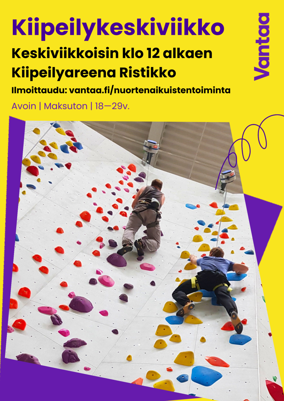 kaksi ihmistä kiipeilee korkealla kiipeilyseinällä.