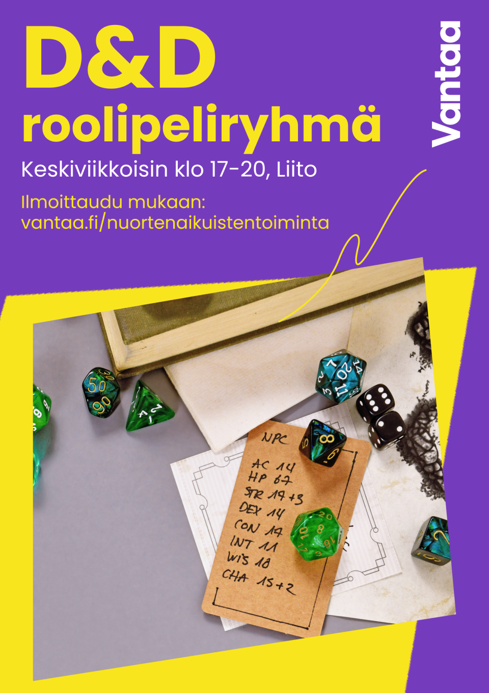 dnd-noppia ja hahmokortti.