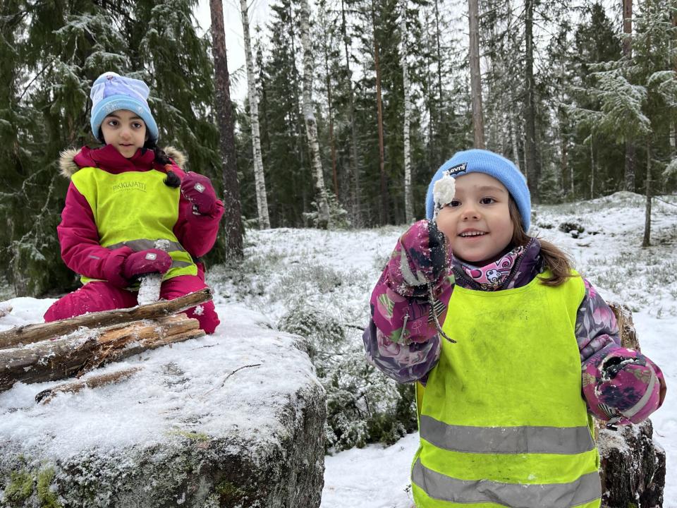 Lapsi näyttää keppiin kiinni jäätynyttä lumikökköä kameralle.