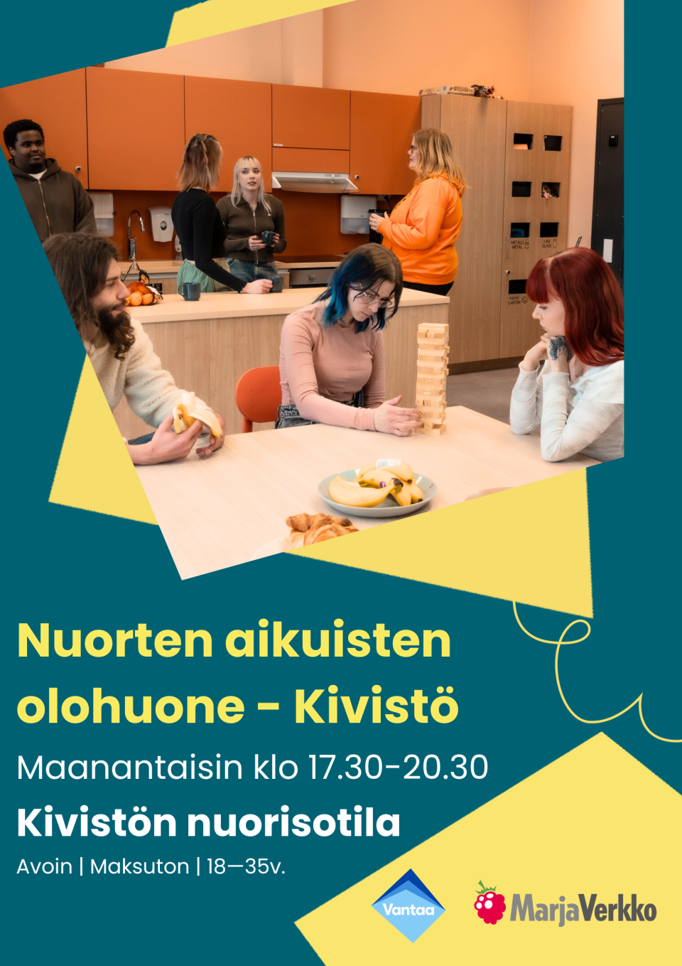kivistön nuorisotilassa nuoria aikuisia pöydän ääressä.