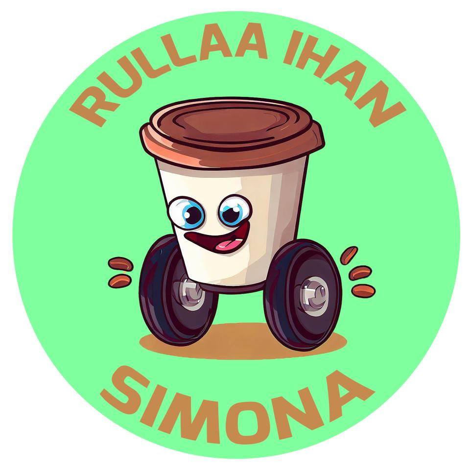 animoitu logokuva take away -kahvikupista pyörät allaan ja iloinen ilme kasvoillaan. Vihreä tausta.