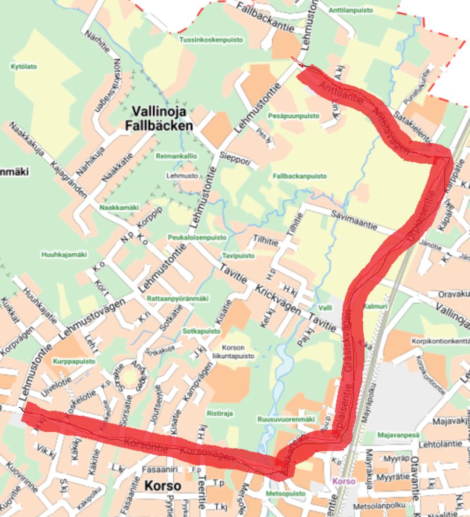 Lehmustontien kiertoreitti kulkee Anttilantien, Urpiaisentien ja Korsontien kautta.
