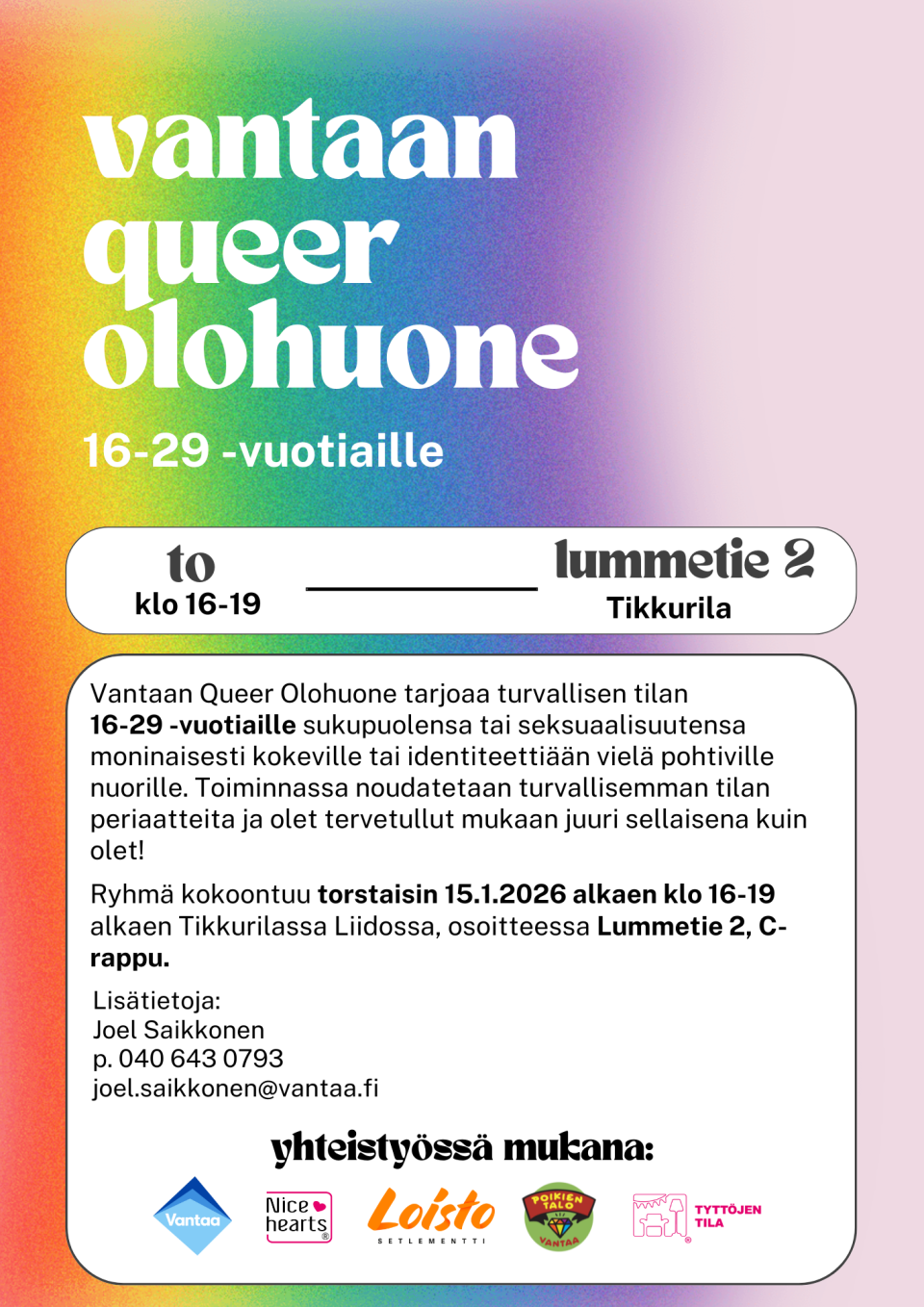 Queer-olohuoneen juliste, jossa lukee samat tiedot kuin nettisivuilla.