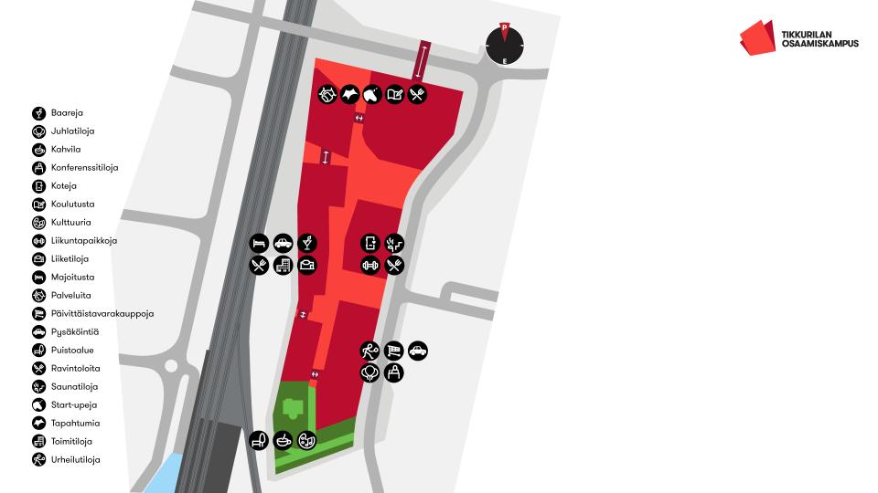 Aluekartta Tikkurilan osaamiskampukselle sijoittuvista rakennuksista.